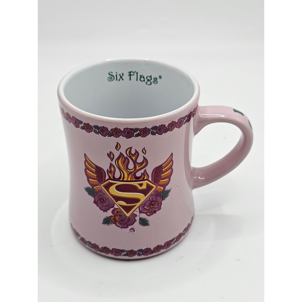 Six Flags Supergirl Pink Coffee Mug DC Comics 2008 I Heart You Roses Flaming S